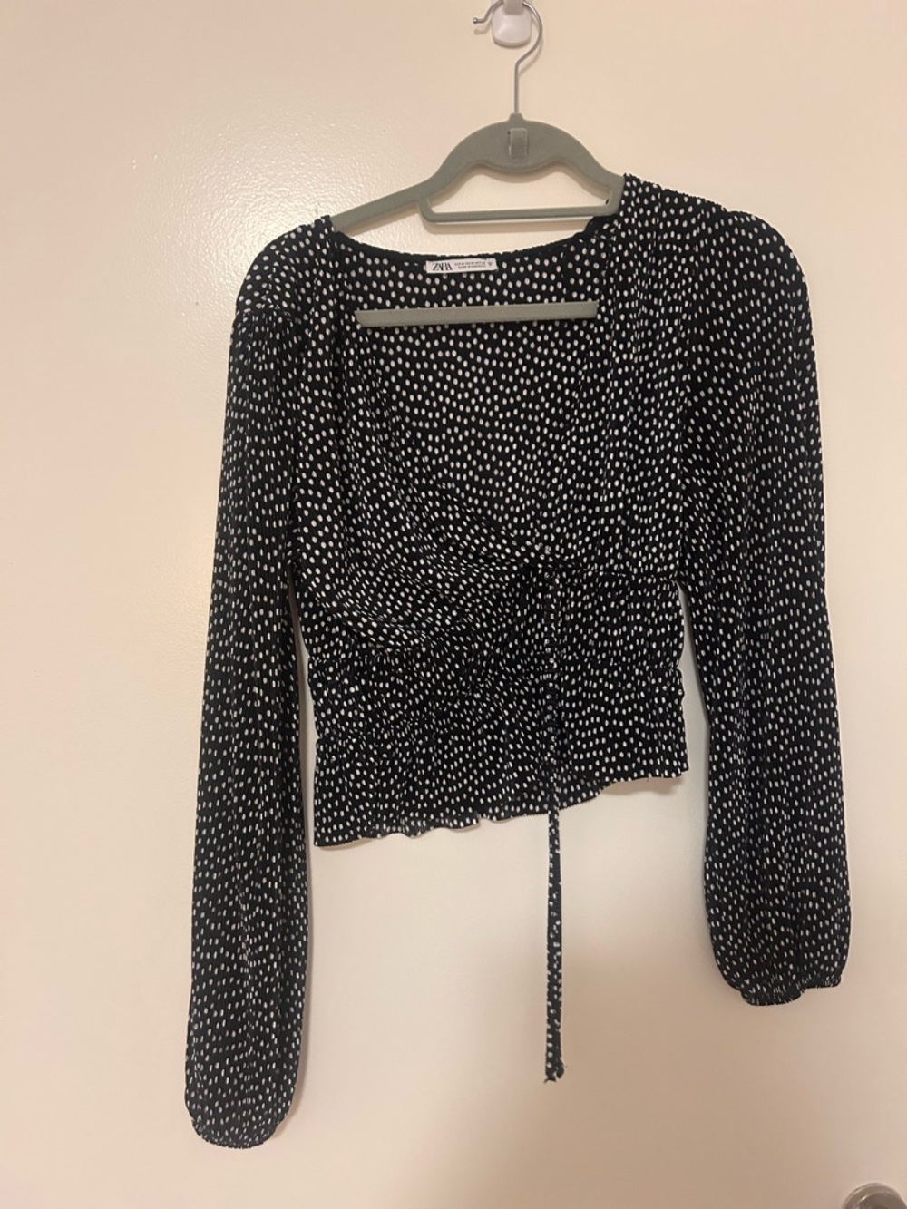 Zara Black and White Polka Dot Tie-Front Long Sleeve Top